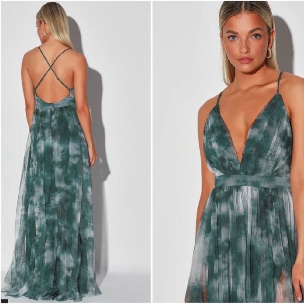 NWT Lulus Elegant Moments tye dye Tulle mesh open slit maxi dress Size M - Picture 2 of 10